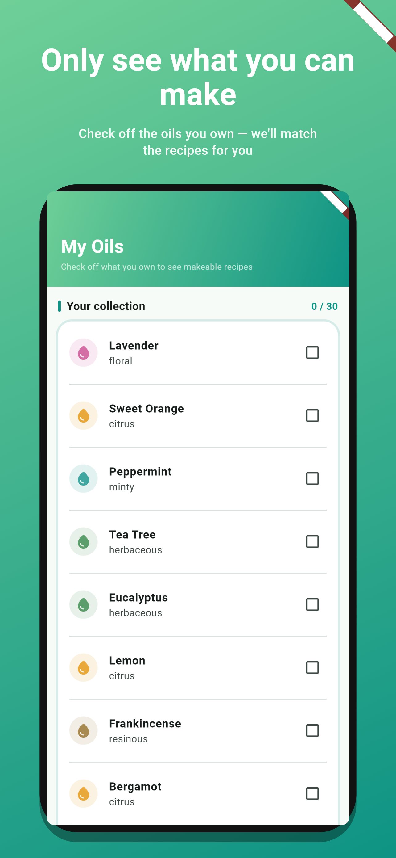 Aroma Blend Pro Yağlarım ekranında sahip olunan esansiyel yağları seçme